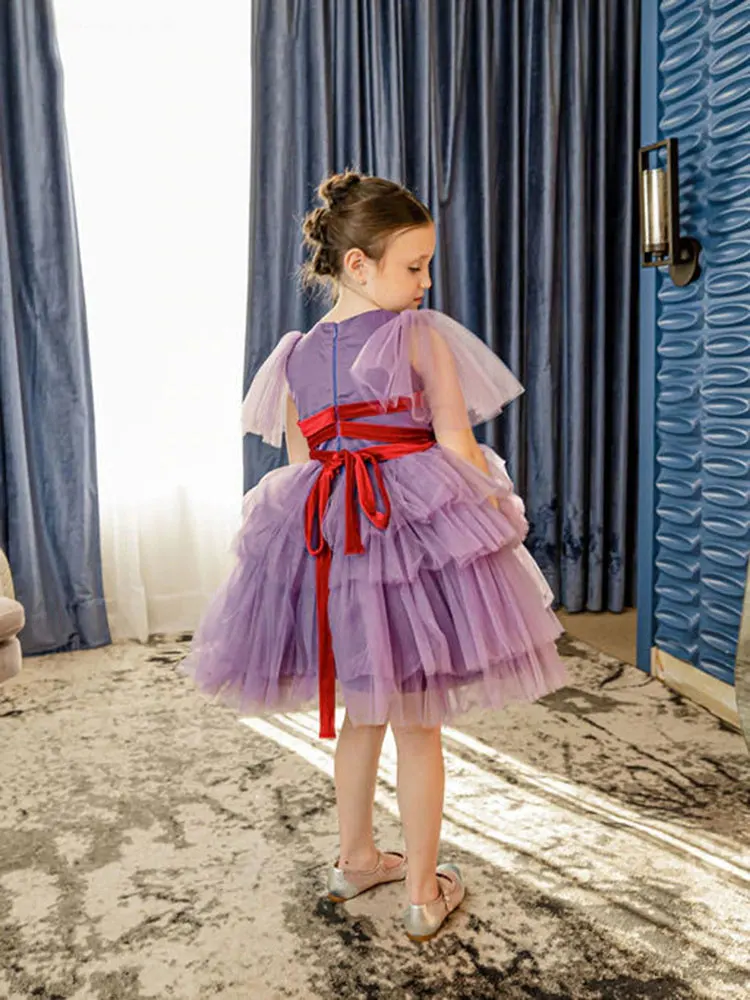 Mvozein Kid Party Dress Tulle Tiered Flower Girl Dress Tiered with Velvet Belt Puffy Girl Princess Dress 2022