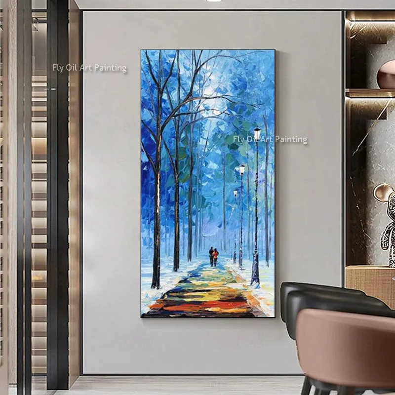 Abstract Blue Forest Landscape Couple Walking On The Road Oil Painting Handmade Original Green Grey Canvas Thick Wall Decor