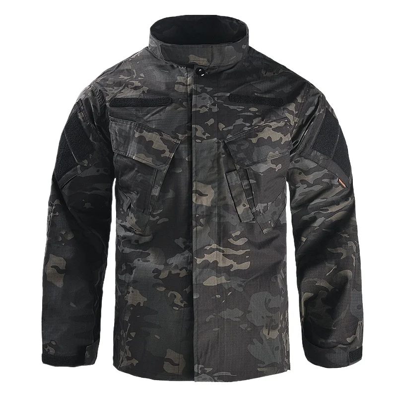 Tactical Training Jacket Mens Camo Wear-resistant Multi Pocket Hunting Coats Stand Collar Outdoor Hiking Waterproof Windbreaker