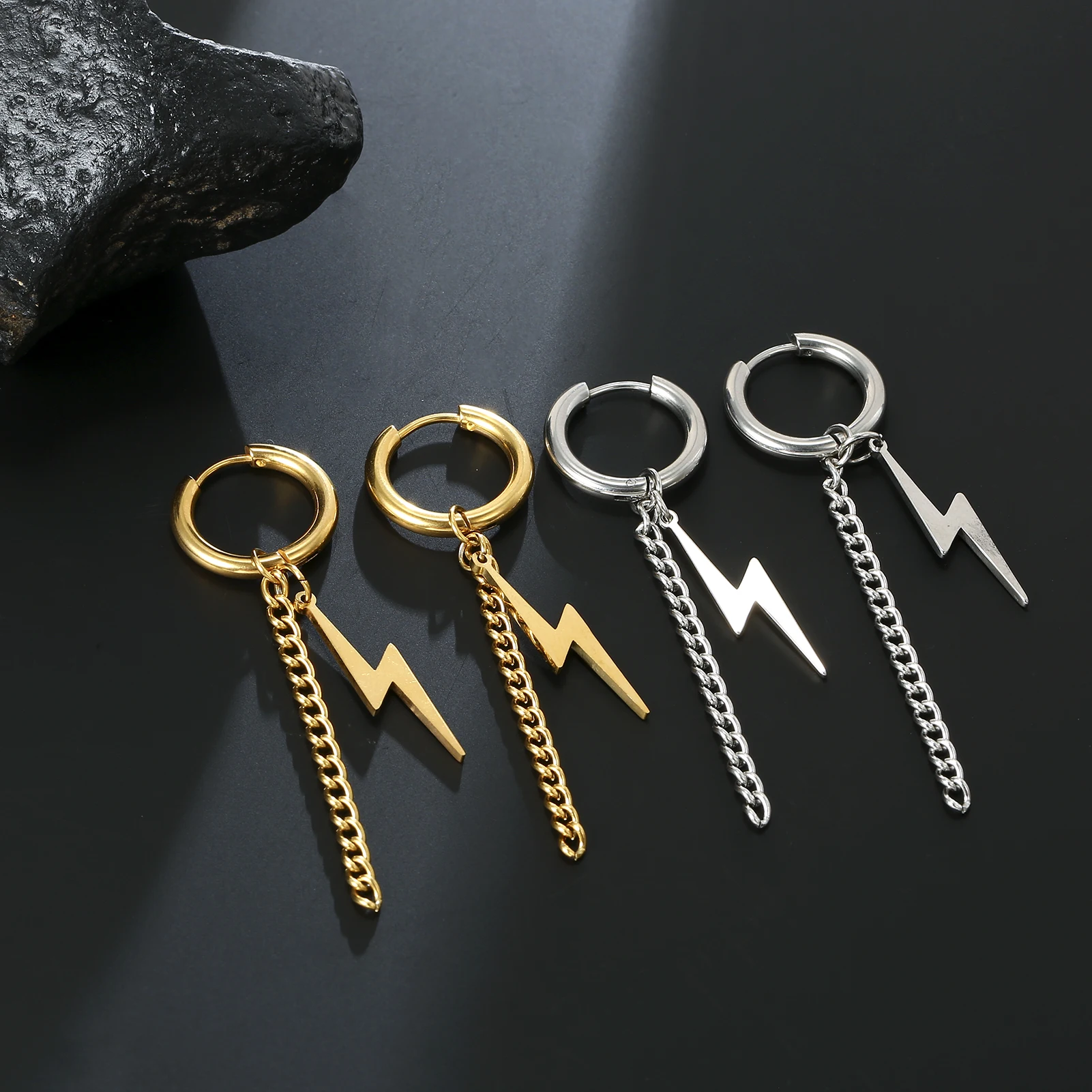 My Shape Punk Lightning Earrings Men Stainless Steel Black Color Hoop Earring Fashion Hiphop Male Jewelry Party Ear Accessories