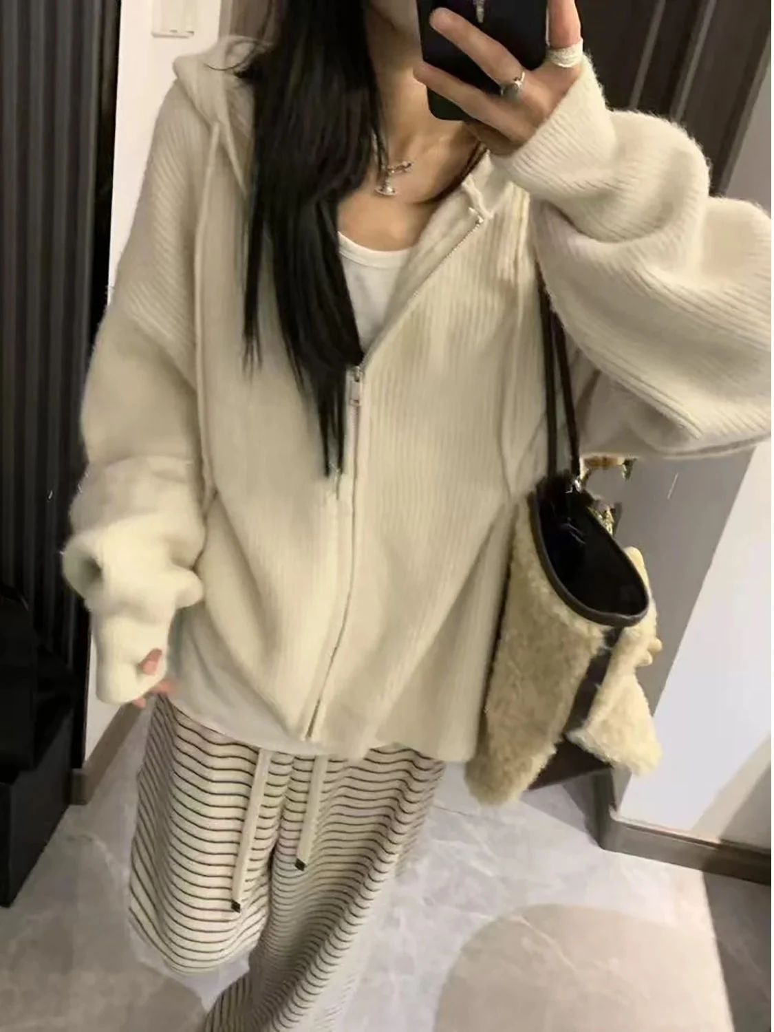 한국 스타일 지퍼 후드 니트 스웨터 여성용 가을 겨울 신상 이너 레이지 하이엔드 니트 가디건 스웨트셔츠 자켓