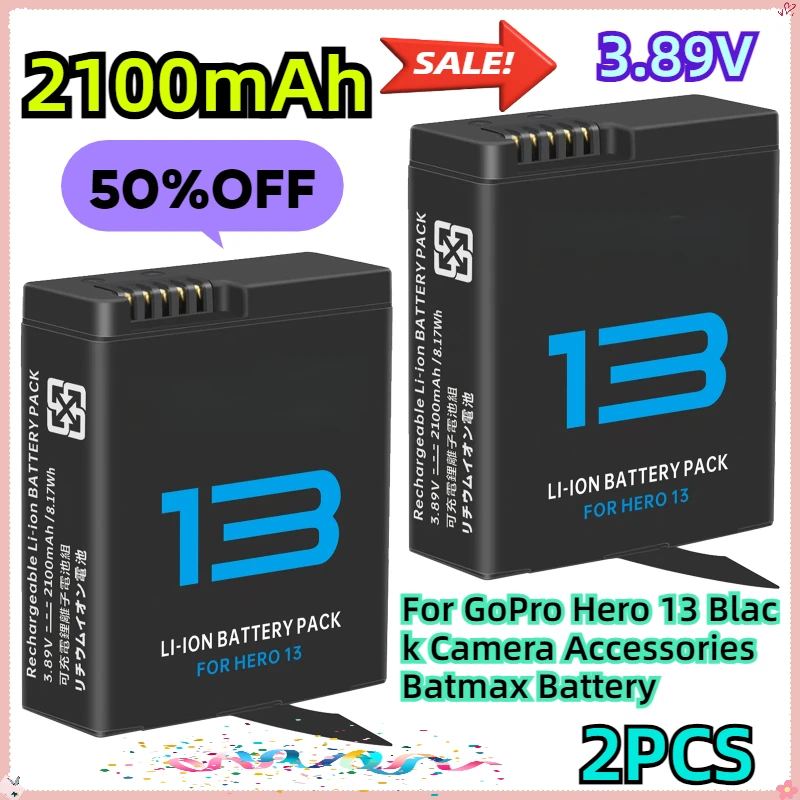 

For GoPro Hero 13 Black Camera Accessories Batmax 2100mAh Battery 2PCS