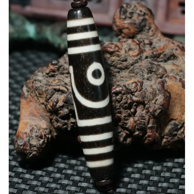 Energy Tibetan Old Agate Ruyi 2 Eyed 6 Stripe Long Love dZi Bead Amulet Pendant