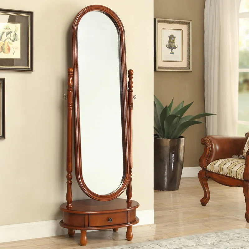 American solid wood dressing  full body girls bedroom home floor mirror European retro fitting mirror dressing mirror make