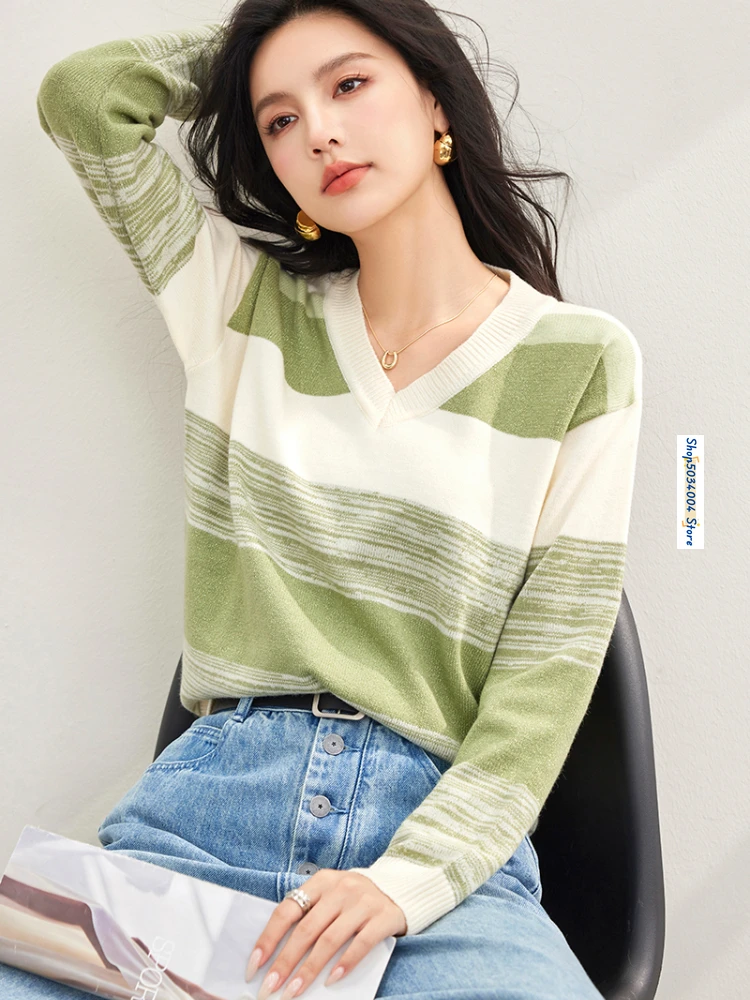 

V-neck Long Sleeve Stripe Knitted Pullovers Sweater Women Tops Autumn Winter Elegant Chic Loose Casual Knitwear Jumpers A3398