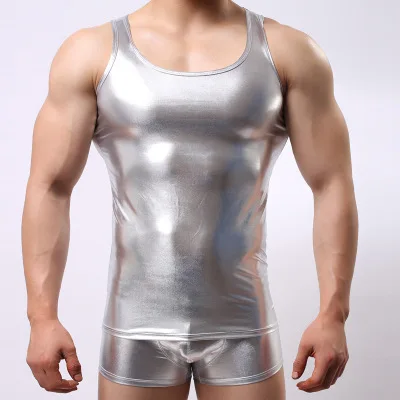 Sexy Men's T-Shirt Sleeveless Shiny Pu Leather Tank Tops Outwear Training Vest Slim Sportswear Base Punk Nightclub Stage Perform