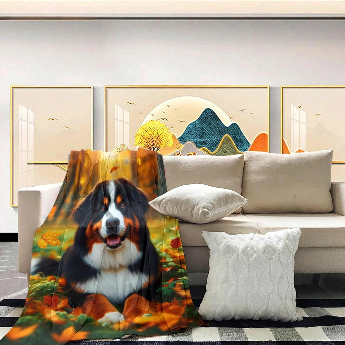 Cozy Dog Autumn Blanket Throw Fall Pet Mural Animal Print Sherpa Fleece Decor for Couch Living Room Gift