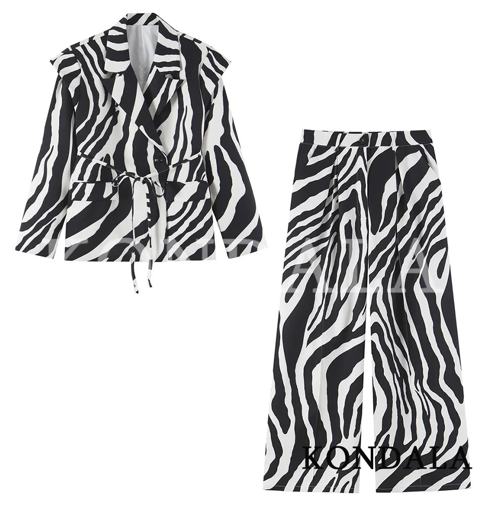 KONDALA Women Elegant Zebra Printed Pants Suit Lace-up Loose Blazer, Long Pants 2026 Fall Trendy Vintage Dinner Party Blazer Set