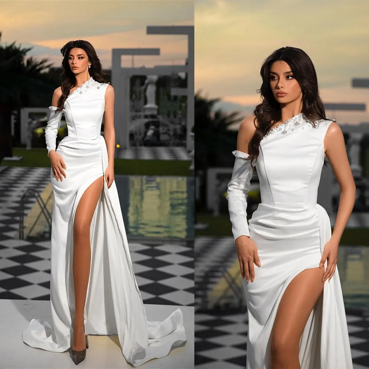 

Customized Fashion Mermaid Pearl Wedding Dress Sexy One Shoulder Long Sleeve Side Split Elegant White Bridal Dress Plus Size
