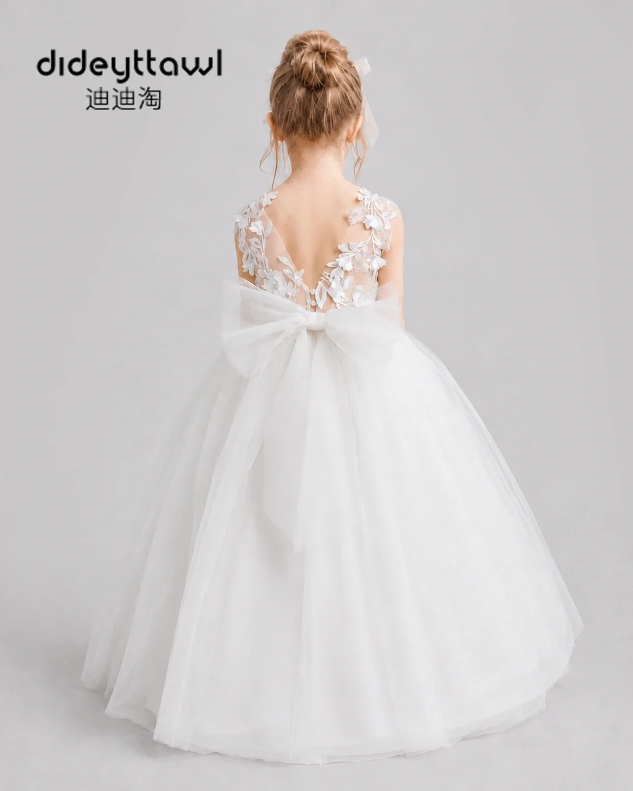 Girls Tulle Flower Girl Dress 3D Floral Lace Applique Sheer Neck Back Bow Trailing Formal Gown For Wedding Pageant Birthday Cele