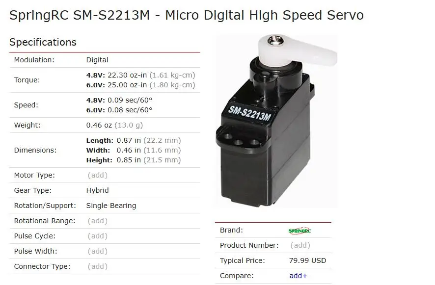 SpringRC 13g /1.8kg  6.0V: 0.08 sec/60° Torque Ball Bearing Micro Digital High Speed Servo SM-S2213M for RC airplane car