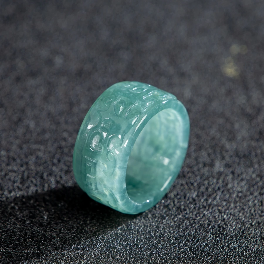 

TIMESWIND Natural A-type Jade Light Blue Taotie Carved Wide Ring for Men Women with Certificate