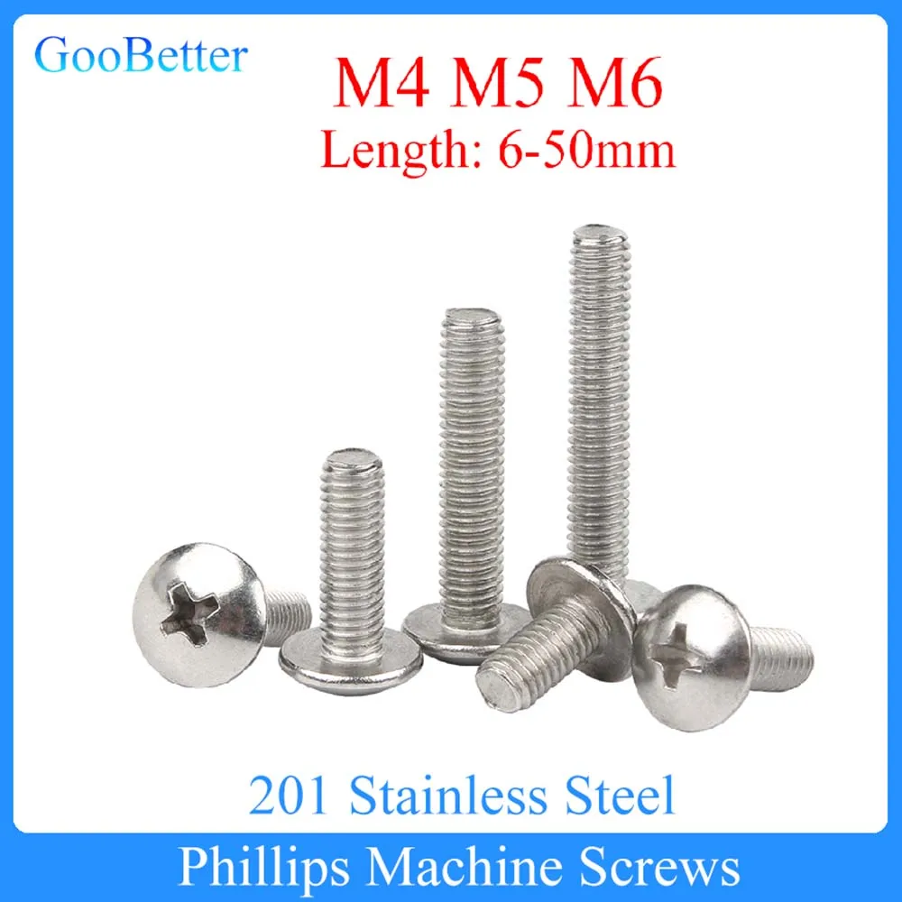 

10/20/50Pcs Phillips Semicircle Head Machine Screw M4 M5 M6 201 Stainless Steel Large Pan Head Cross Recessed Bolt Length=6-50mm