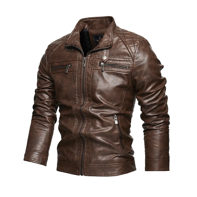 

Men Plush Jacket Autumn Winter Motorcycle Punk Waterproof Male Leather Coat Stand Collar Thicken Long Sleeve Man Outerwear