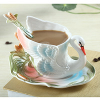 Swan Coffee Mugs With Saucers Spoons Colored Enamel Porcelain Cup Breakfast Thermal Tea Water Bottle Christmas Brithaday Gift