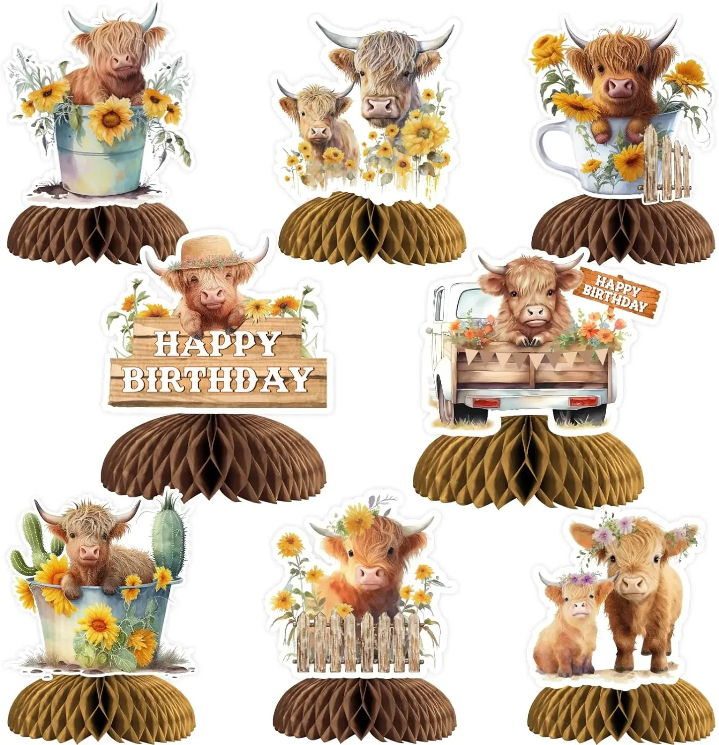 Highland Cow Honeycomb Centerpieces, Western Farm, Birthday Party Decor, Brown Cattle Print, Table Supplies