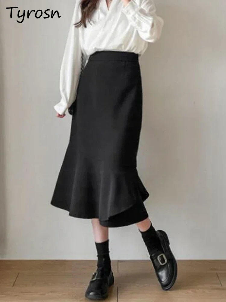 

Trumpet Skirts Women Temperament Design Simple Fashion Causal Retro All-match Midi Faldas Spring Pure Korean Style Ladies Office