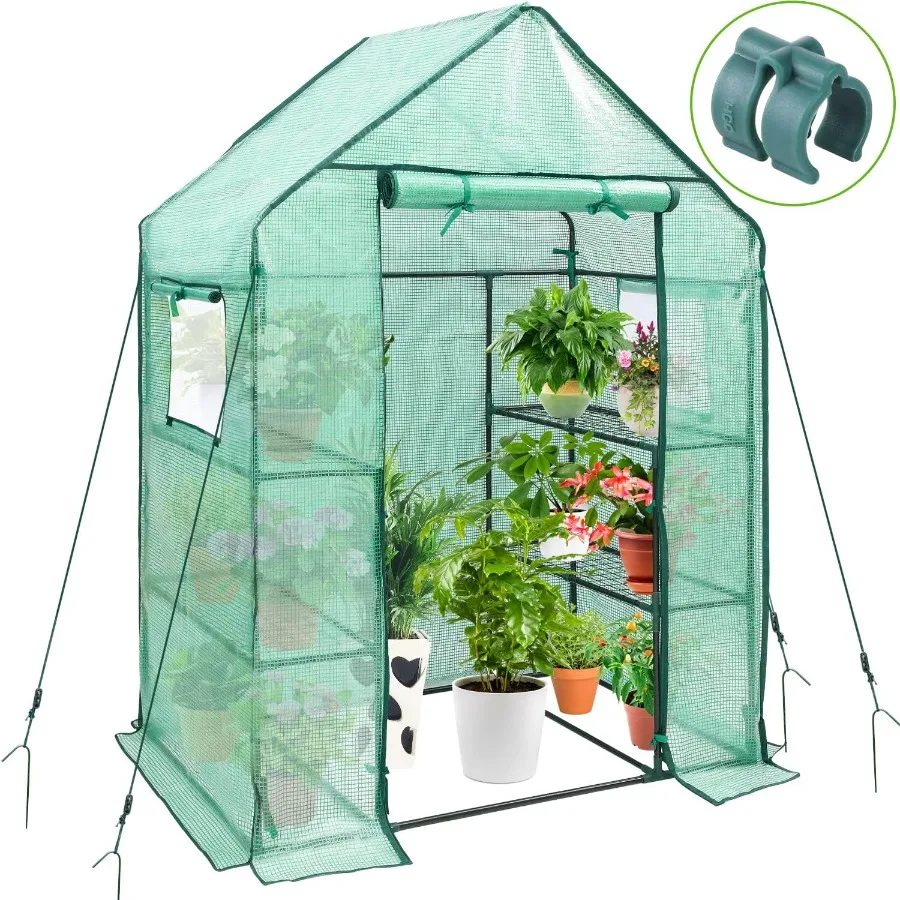 الدفيئة المحمولة في الهواء الطلق مع نوافذ جانبية شبكية لنمو نباتات المشي الصغيرة: تصميم 3 طبقات 4 أرفف غطاء بلاستيكي متين من البولي ايثيلين #1