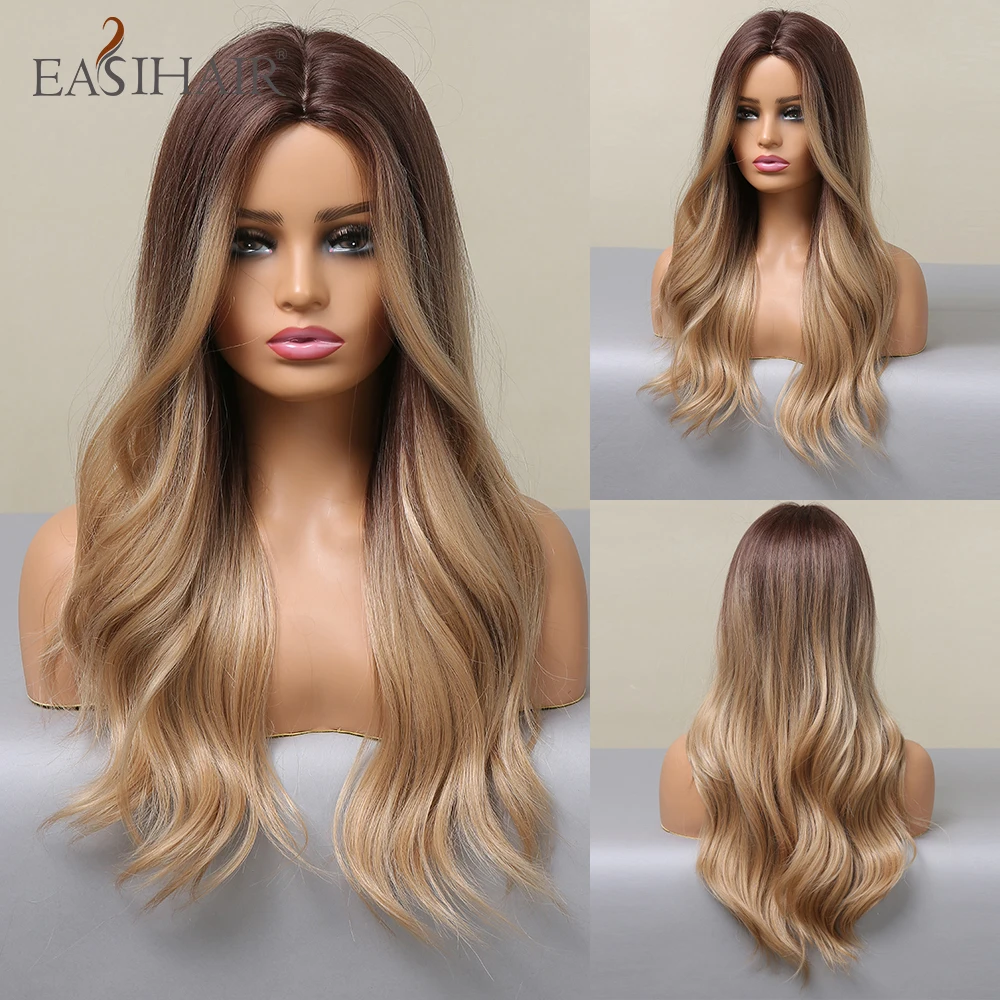 EASIHAIR Brown Golden Blonde Ombre Wavy Synthetic Wigs for Women Natural Hair Middle Part Wigs Heat Resistant Cosplay Hair Wig