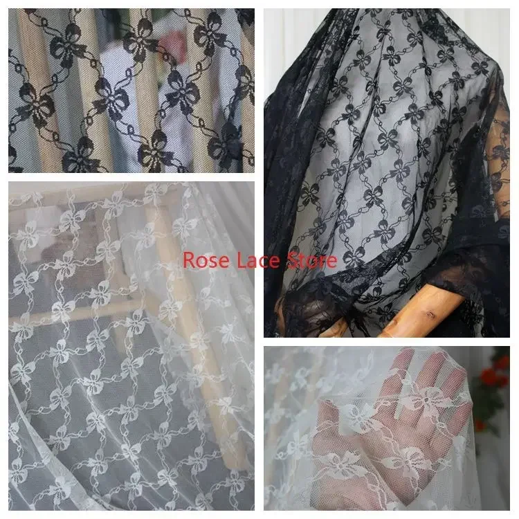 Nero bianco Jaquard Bowknots Tessuto di pizzo elastico Farfalla Maglia tulle per abito da sposa Abito da festa Abito da ragazza Abito da ballo 1 metro
