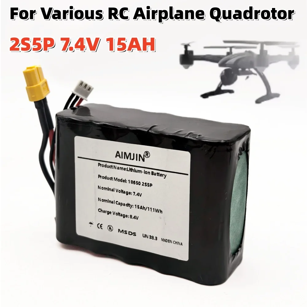 

18650 2S5P 7.4V 15Ah Rechargeable Lithium Ion Battery Pack XT60 XH2.54-3P Plug，For Various RC Airplane Quadrotor