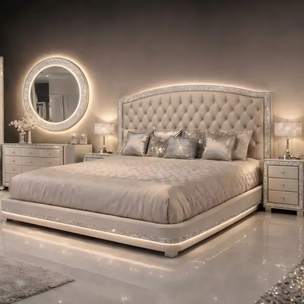 European Fabric Tufted Bed With LED Lights Mirror Wardrobe Bedside Table Modern Hotel Villa Bedroom Furniture Set Locker