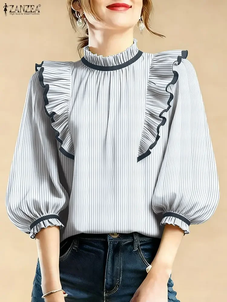 

ZANZEA 2026 Autumn Summer Striped Shirt Office Ruffled Blouses Women Elegant 3/4 Lantern Sleeve Work Blouse Ladies Tunic Tops