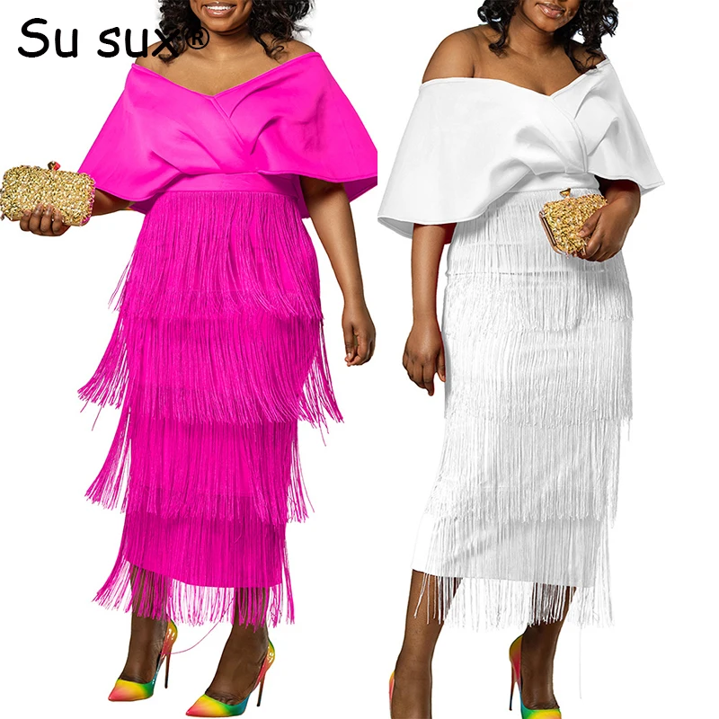 

African Evening Party Dresses For Women 2023 Elegant Wedding Proms African Dress V Neck Tassels High Waist Maxi Robe Africaine