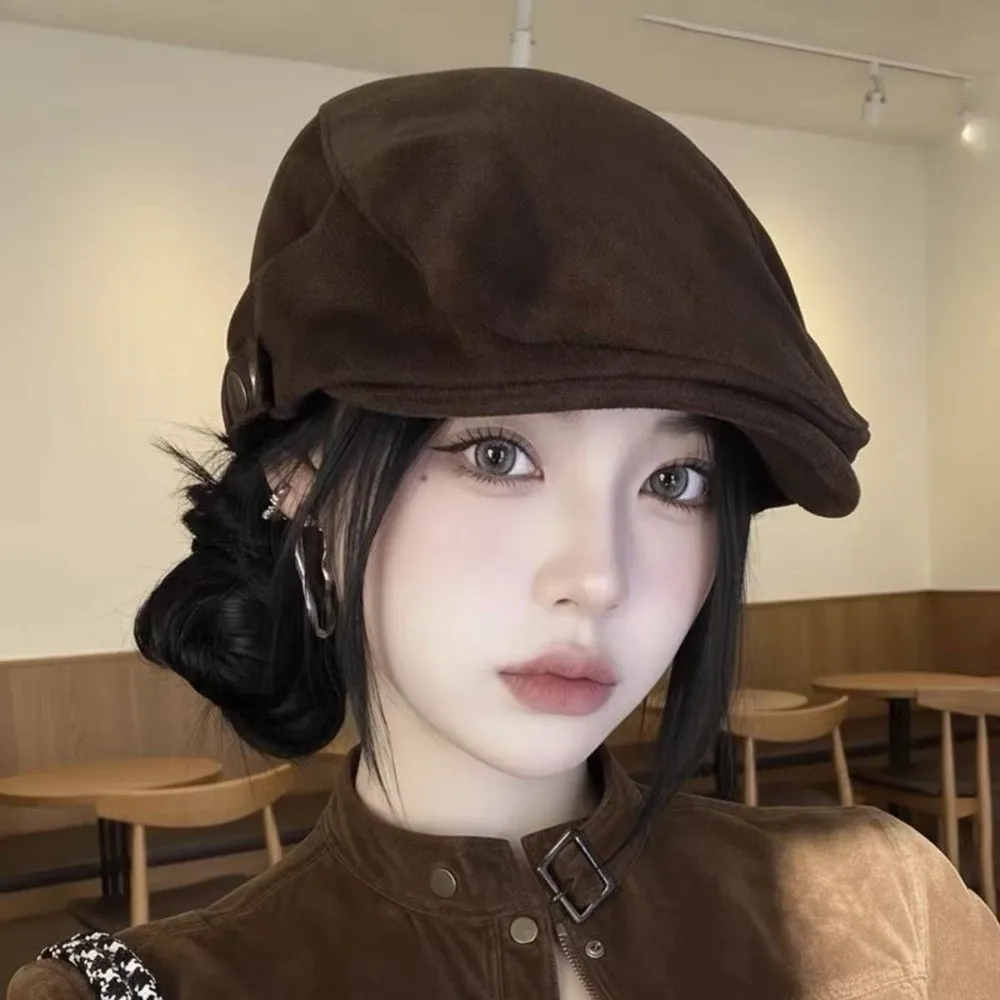 Suede Vintage Beret Hat Adjustable Size 55cm to 59cm Retro Newsboy Cap Face Slimming Feature Earflap Cap Artistic Hat