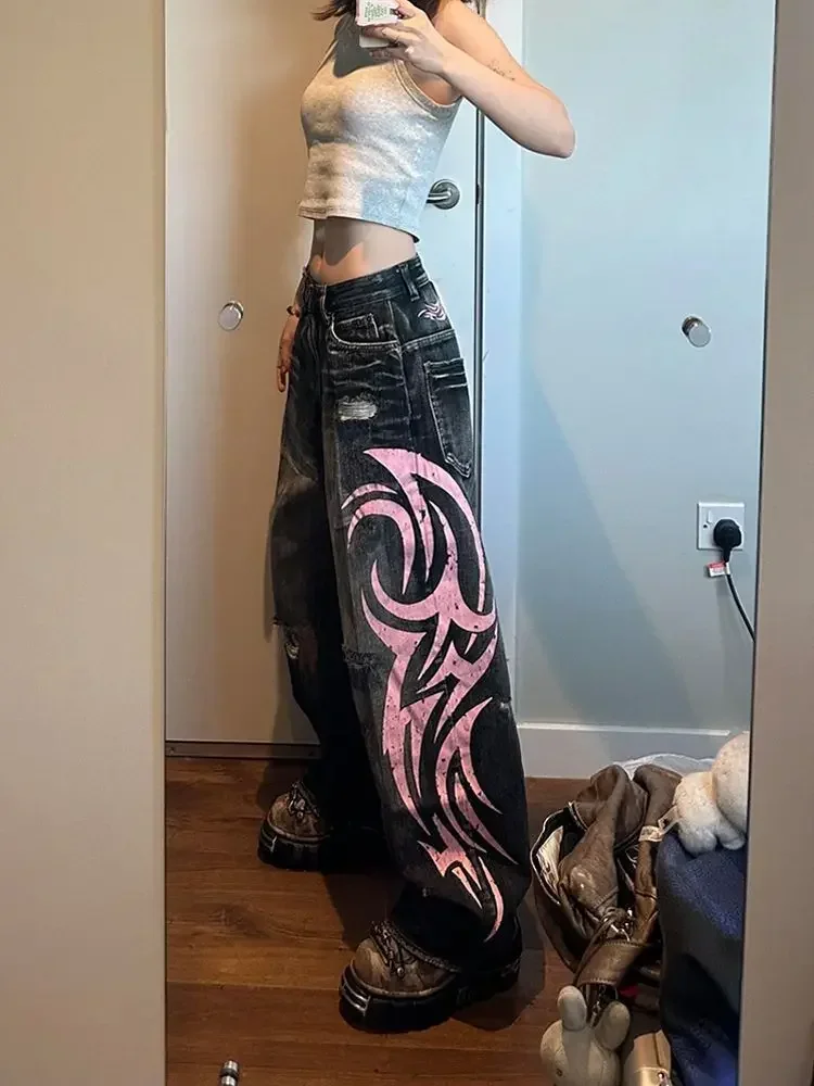 Pantalones vaqueros con estampado de hojas de colores Otoño Harajuku 2025 American Plus temporada contrastante e pantalones nuevos de invierno pantalones vaqueros góticos para mujer