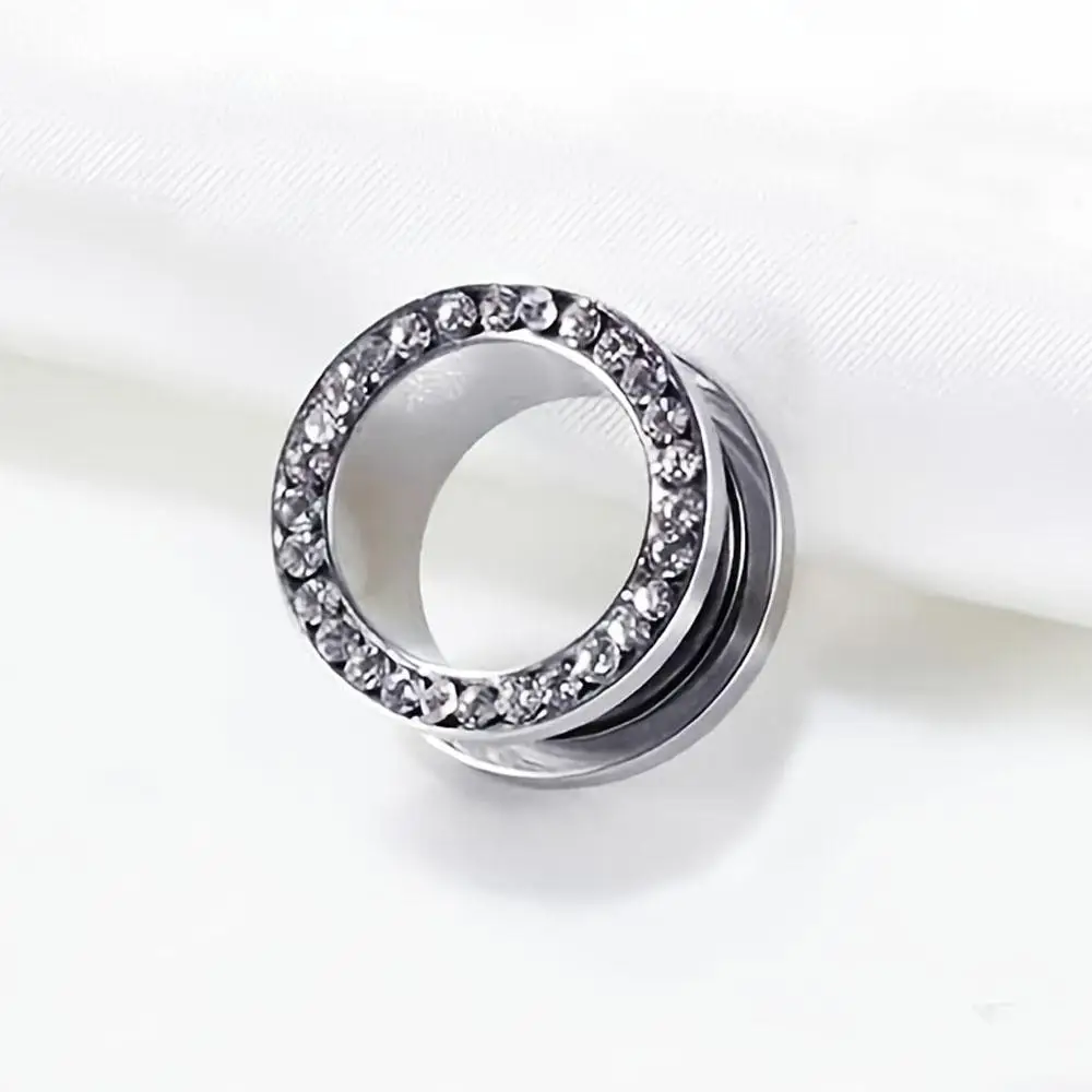 1Pcs Stainless Steel Ear Tunnels Cubic Zircon Earrings Flesh Plugs for Ear Brass Hollow Plugs and Tunnels Piercings Stretcher view 5