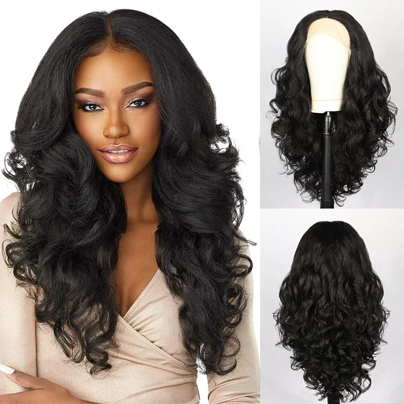 

European and American Style Lace Front Yaki Black Middle Part Fluffy Long Curly Hair Synthetic Full Wig
