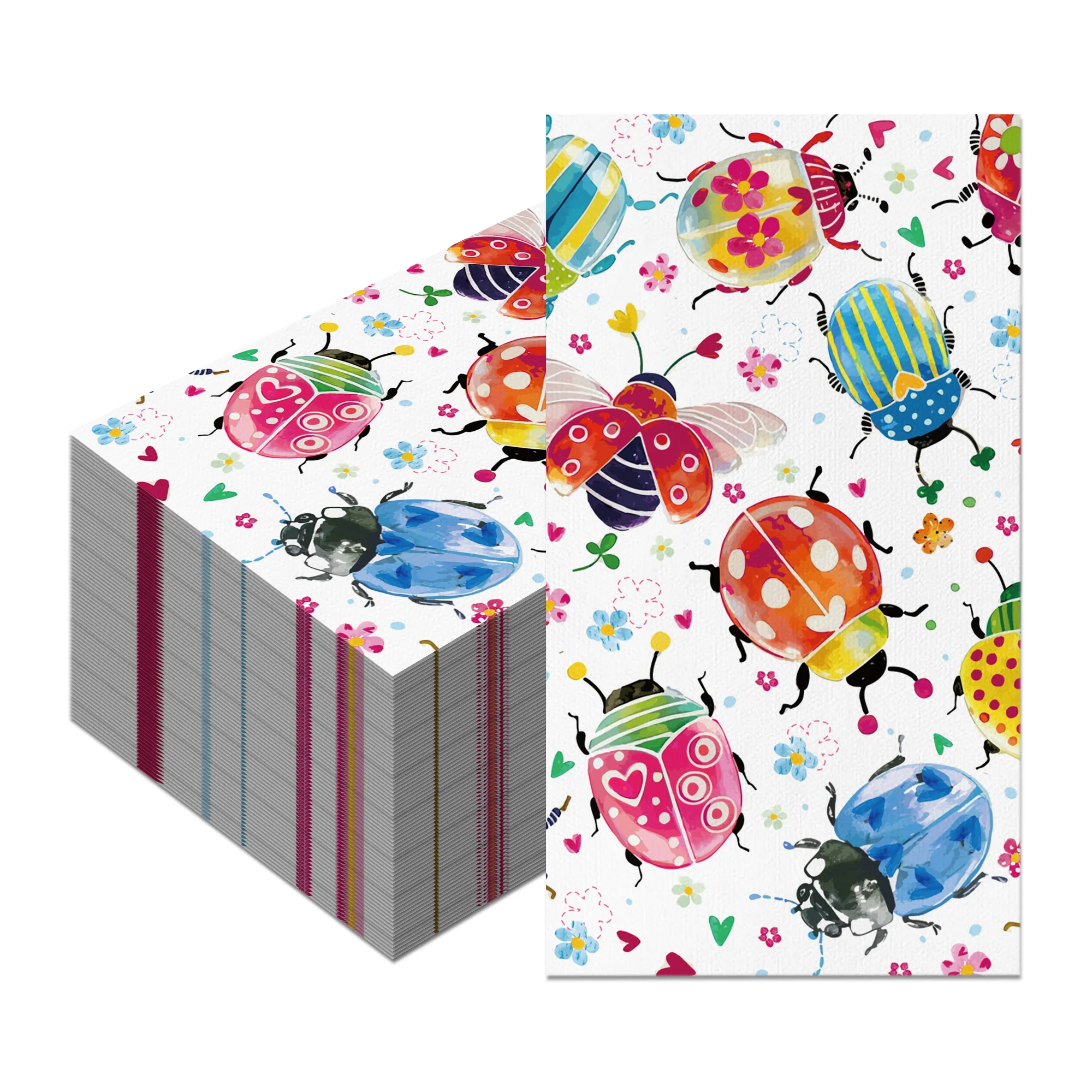 60/100pcs Disposable Paper Napkins Cute Multi‑Color Beetle Print Guest Towels Floral Spring Celebration Table Supplies