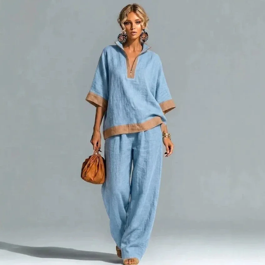 Women's Color-Block Half-Zip Linen Half Sleeve Shirt Pants