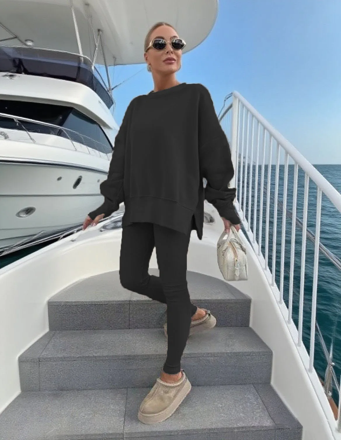 2025 여성용 솔리드 캐주얼 루즈 트랙수트 세트 드롭 숄더 슬리브 스웨트셔츠 풀오버 탑+팬츠 세트 가을