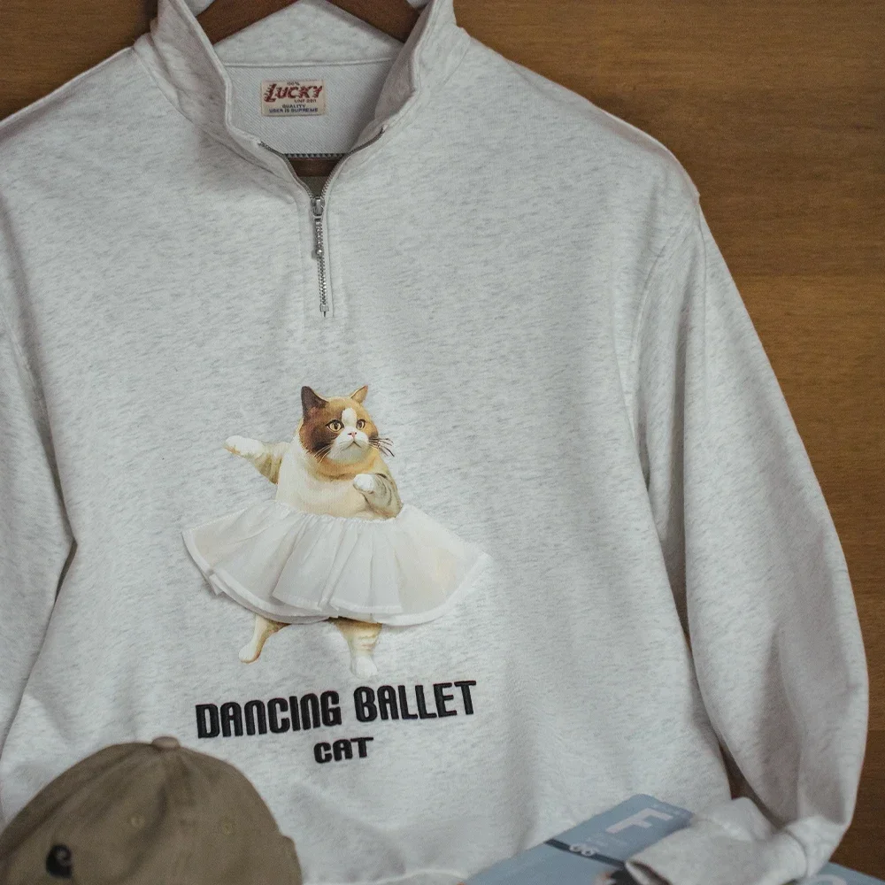 Maden Dancing Ballet Cat Printed Pullover Sweatshirts for Women Spring and Autumn Long Sleeve Pullover Light Gray Sweatshirt