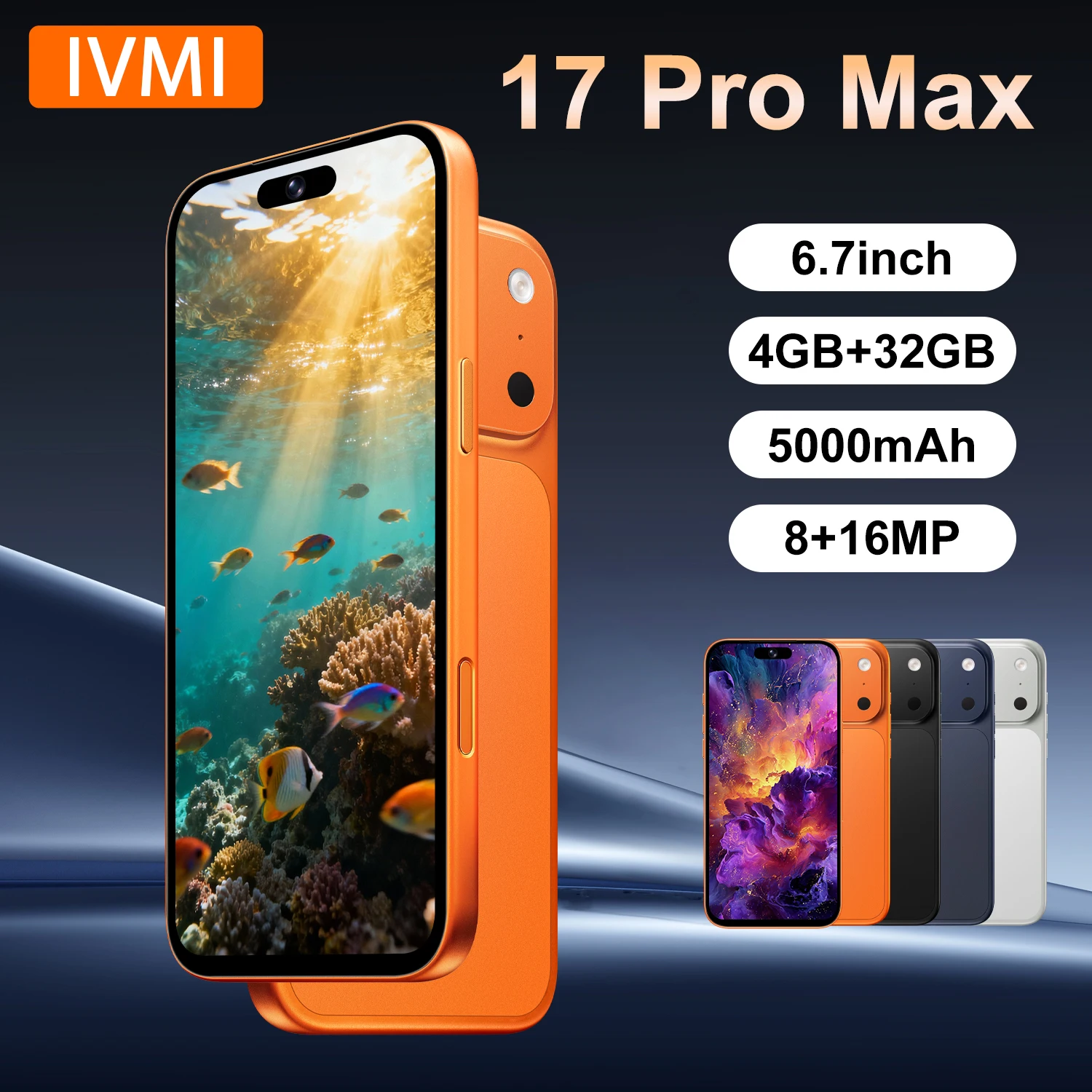 IVMI 17Pro Max Smartphones Android12.0 Dual SIM 6.7'' 4GB RAM 32GB ROM Google Play Store 4G Fingerprint Face Unlock Mobile Phones