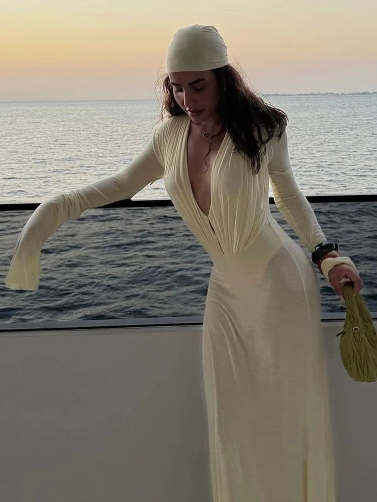Kliou balançando com decote em v feminino maxi vestidos hipster férias drapeado sheer manga cheia longo robe mujer clássico sólido férias vestidos