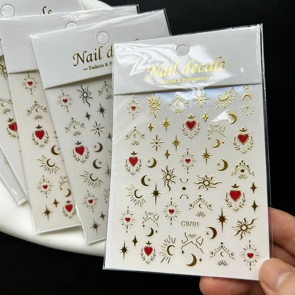 4/7pcs 3D Embossed Red Heart /Star/Moon Nail Stickers Shiny Gold/Silver/Black/White Moon Star Nail Decals Adhesive Nail Decor Y8