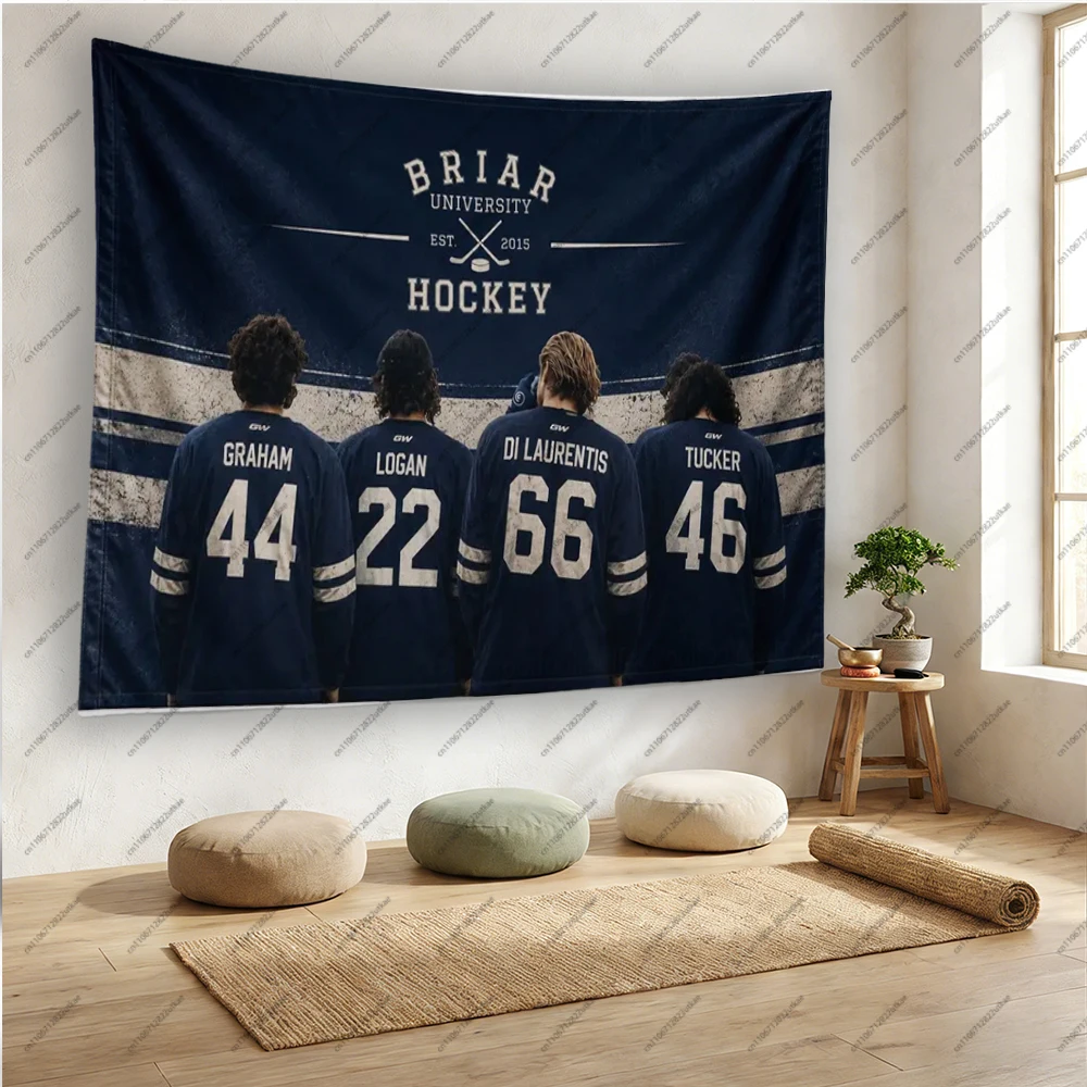 Off Campus Inspired Briar University Hockey Team 4 Players Back View Jersey Print Tapestry Navy Blue Vintage Style With Hockey