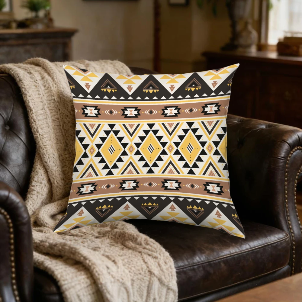1pc Geometric Yellow Black Brown Tribal Print Cushion Cover for Sofa Bed Living Room Home Decor