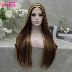 Imstyle Brown Wig Long Synthetic Lace Front Wig T Part Lace Wig Straight Hair Red Wigs For Women Heat Resistant Fiber Daily Wig