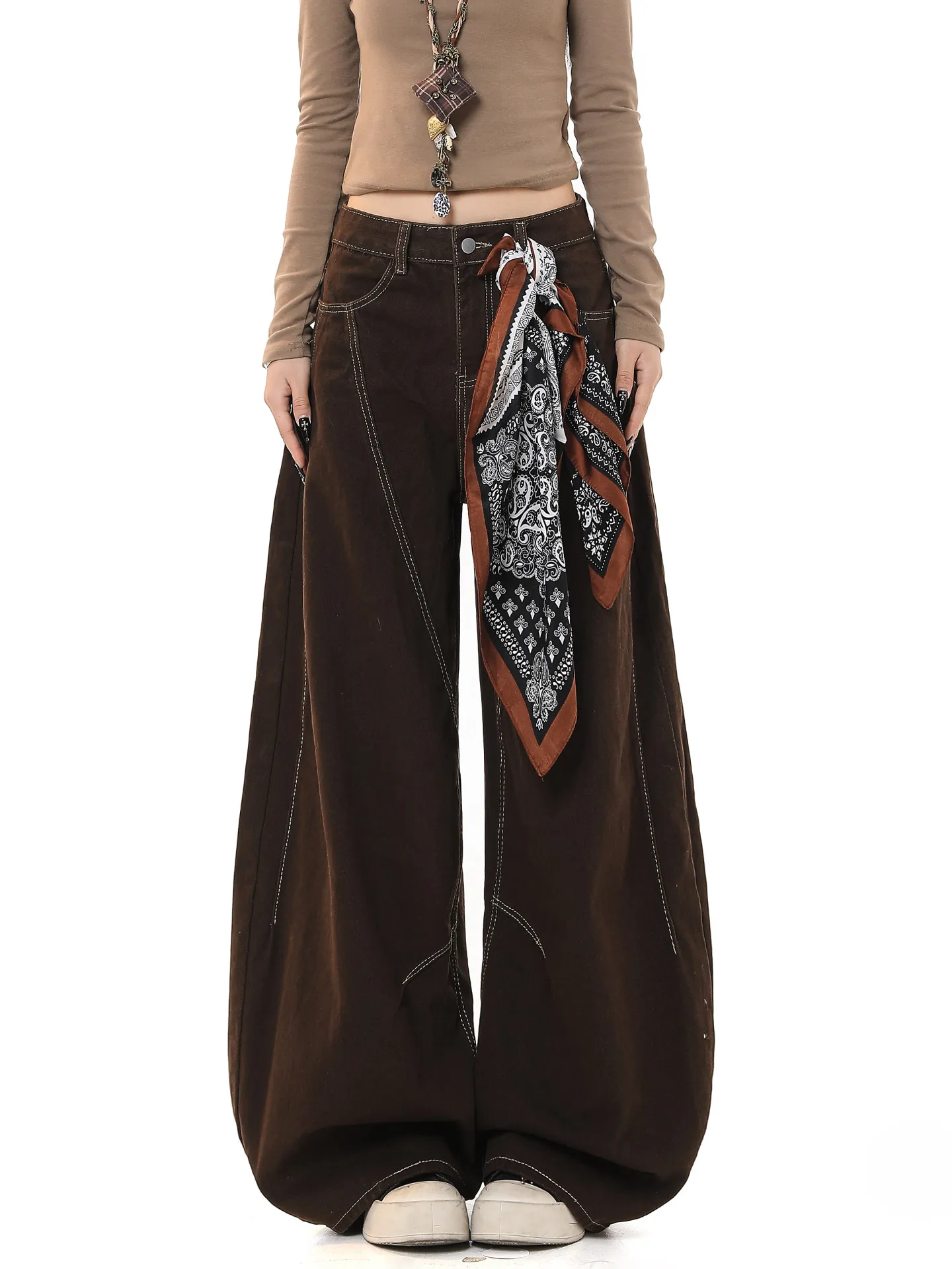 

Широкие брюки для похудения женские, весна-осень, свободные прямые, длинные, с подвеской-шарфом, винтажные, повседневные джинсы