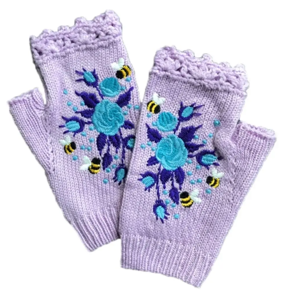 

Soft Floral Bee Embroidery Knitted Fingerless Gloves Keep Warm Thumb Holes Flower Mittens Wrist Length Mittens Women