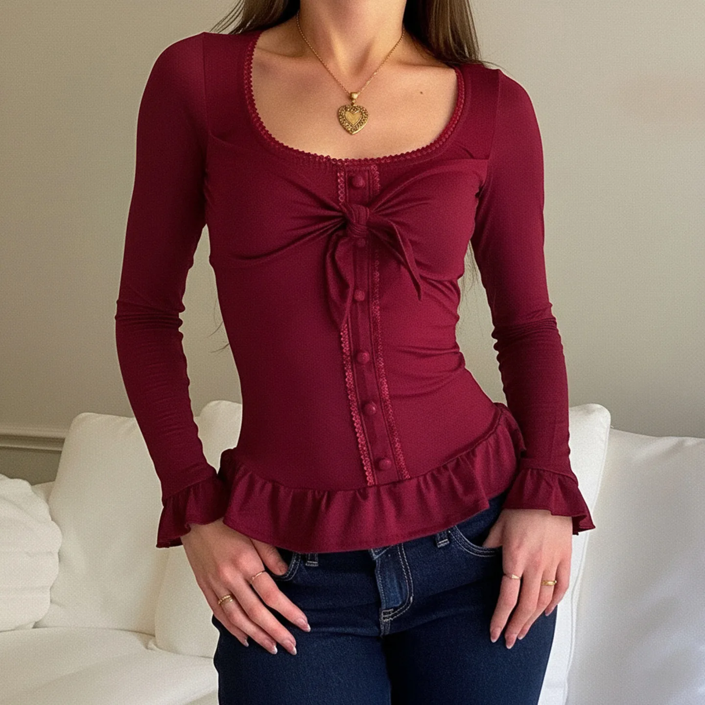 

Square Collar Lace Lace Up Bow Twisted Top Women 2025 Autumn Solid Color Long Sleeved Ruffle T-shirt Christmas Partywear