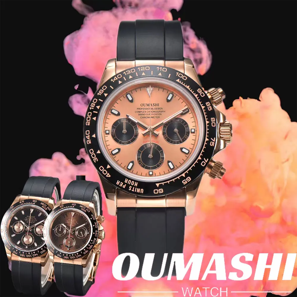 ساعة رياضية رجالية باللون الذهبي الوردي 39 ملم للرجال VK63 ساعة كرونوغراف من الفولاذ المقاوم للصدأ الياقوت مقاومة للماء 10ATM حافظة صلبة مضيئة