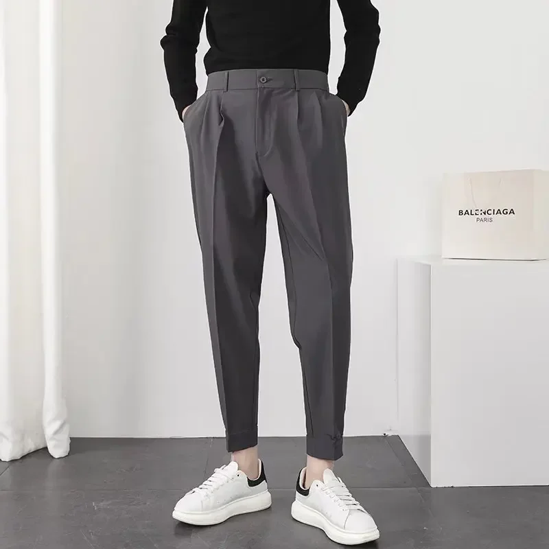 Fashion Men Casual Pants Elastic Waist Small Feet Slim Korean Style Pleated Tapered Male Blazer Pants Trousers Streetwear  Factory Bulk Wholesale Affordable Denim Pants, Casual Loose Washed Long Trousers