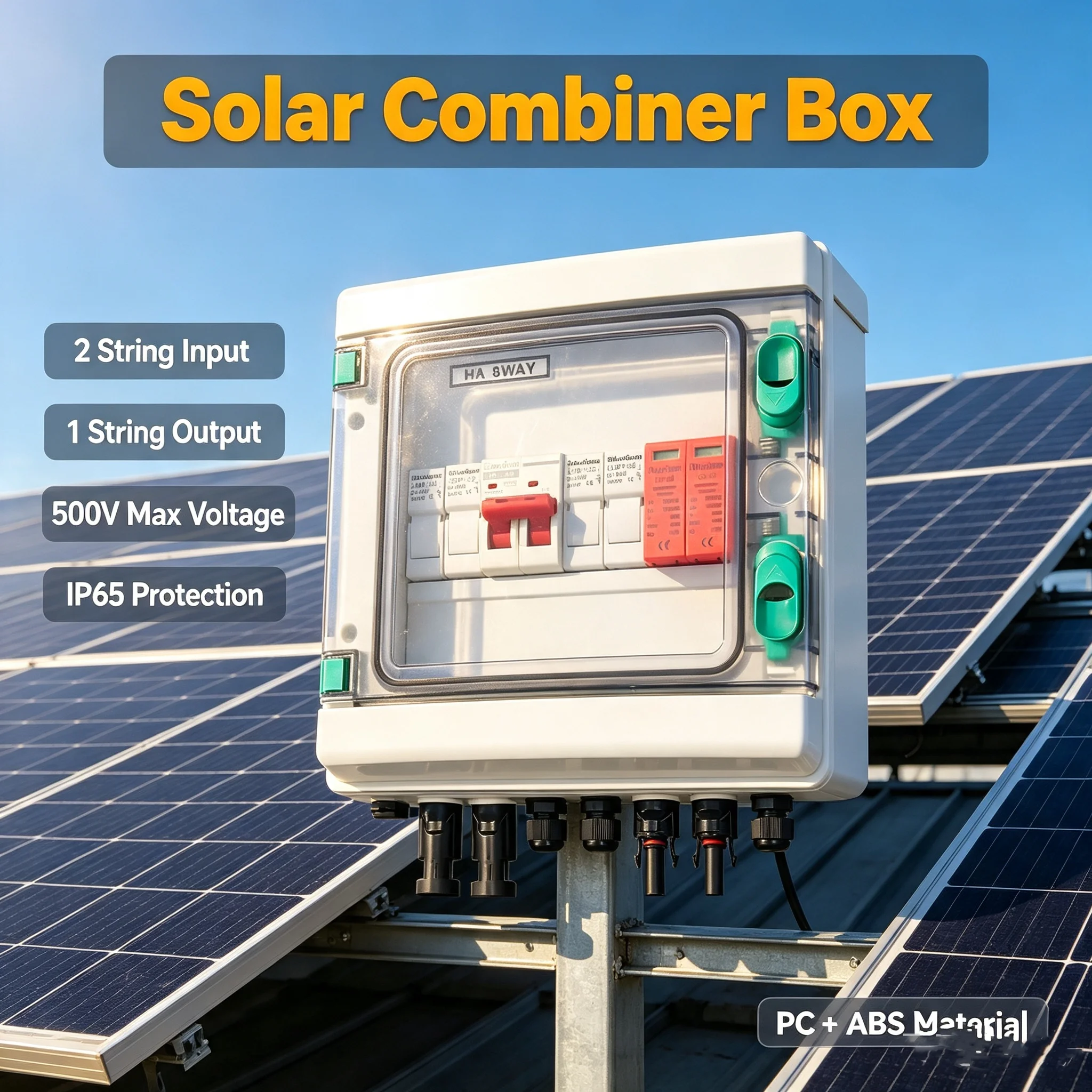 PV Combiner Box, 2 String Solar Combiner Box with 32A Current Fuse, Surge Protective Device Air Circuit Breaker for On/Off Grid Solar Panel System