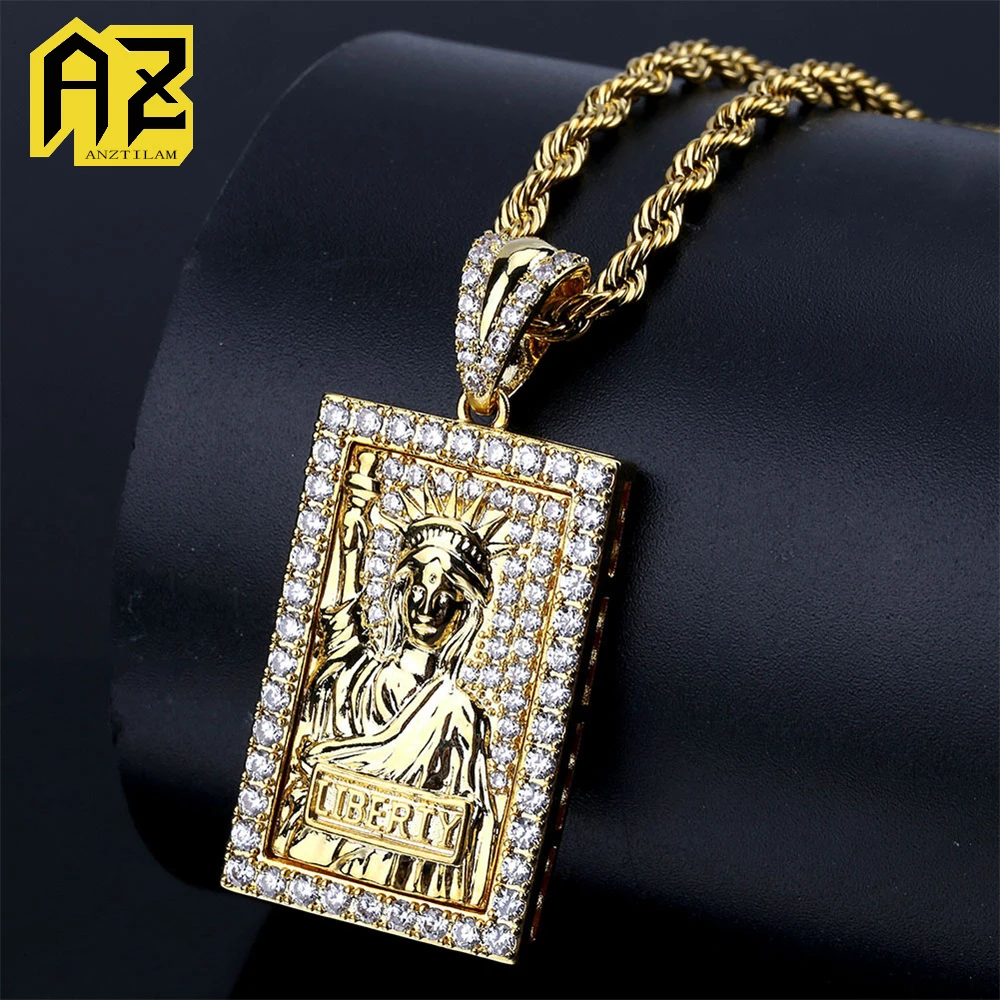 

Anztilam Iced Out Retro Tag Pendant Necklace with Long Link Chain for Women Men Brass Zircon Hip Hop Jewelry Free Shipping