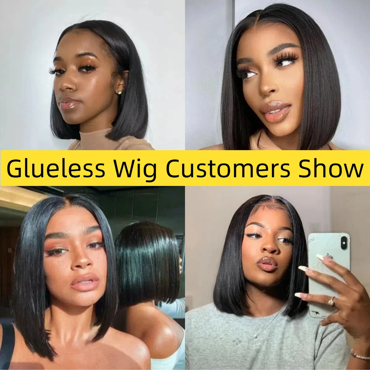 Короткий прямой бесклеевой парик Боб из человеческих волос Короткие парики Боб для чернокожих женщин Предварительно выщипанные предварительно вырезанные человеческие волосы Прямые 200% Плотность